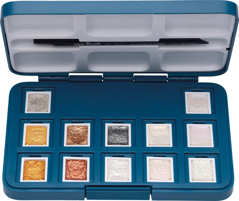 Van Gogh Pocket Box – Aquarellfarben – Set, 12 Farben, metallic & perleffekt, inkl. Schwamm & Pinsel