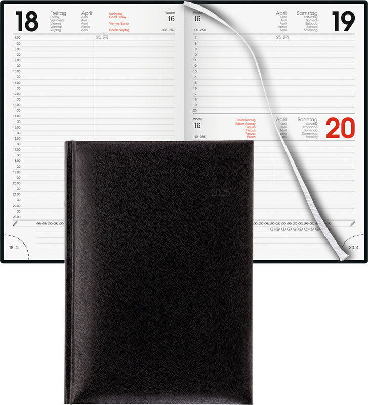 Biella Agenda – 1 Tag pro Seite, gebunden, 14,5 × 20,5 cm, 2026, 1/2-Stunden-Takt, schwarz, FSC