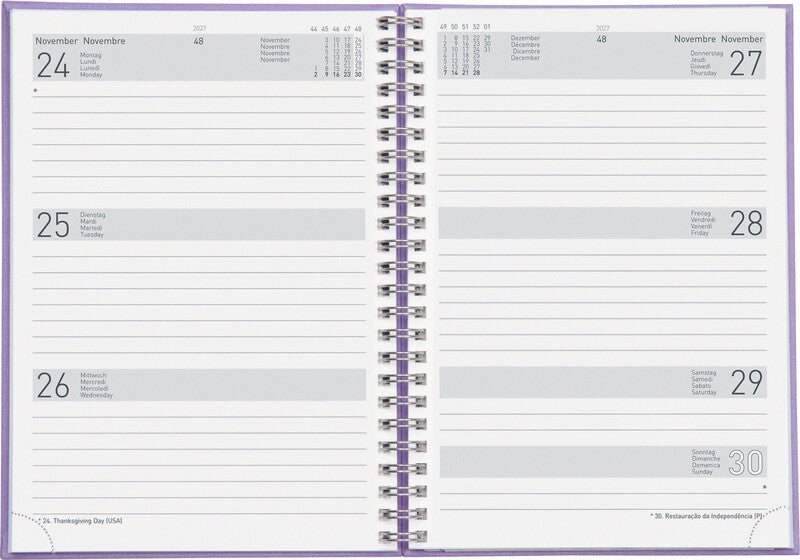 Biella Dispo Term Savanna Agenda – 1 Woche/2 Seiten, Wire-O, 14,5 × 20,5 cm, 2027, mehrsprachig, Lila, FSC
