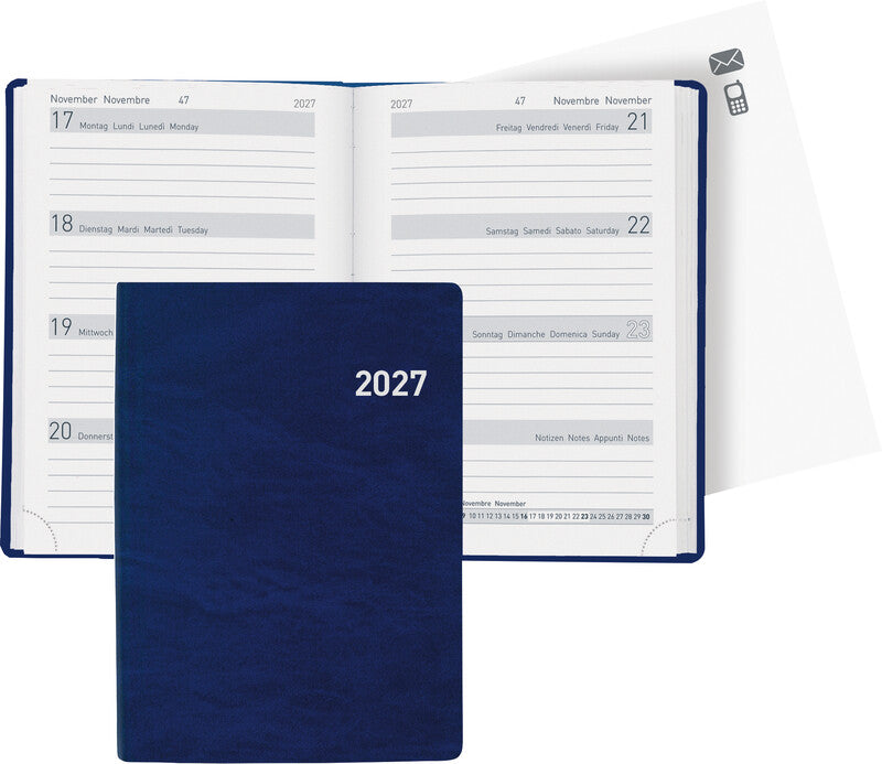 Biella Memento Agenda – 1 Woche/2 Seiten, gebunden, 10,1 × 14,2 cm, 2027, mehrsprachig, dunkelblau, FSC