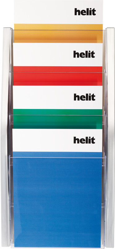 Helit Wandprospekthalter – A4 hoch, silber, Kunststoff, 4 Fächer – 1 Stk