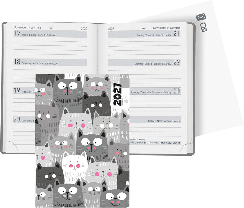 Biella Memento Trend Agenda – 1 Woche/2 Seiten, gebunden, 10,1 × 14,2 cm, 2027, Cats, FSC
