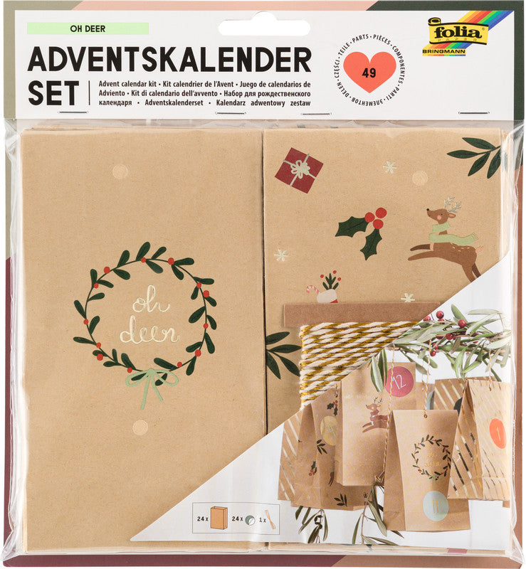 Folia Adventskalender-Set Oh Deer – 24 bedruckte Blockbodenbeutel – 100 × 175 × 55 mm