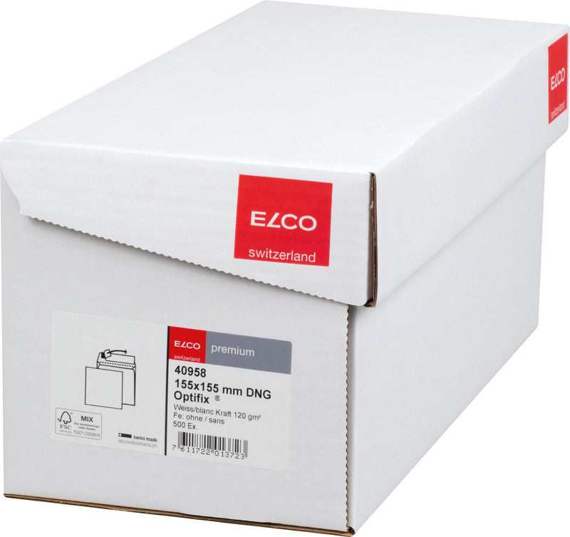 Elco Couvert 155 × 155 mm, ohne Fenster, selbstklebend, hochweiss, 120 g/m², mit Innendruck – 500 Stk.
