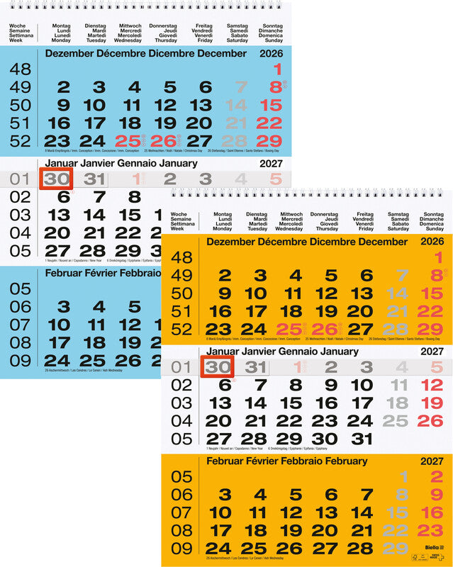 Biella 3-Monats-Kalender – 3 Monate pro Blatt – 2026 – Datumsschieber – 31 × 40 cm