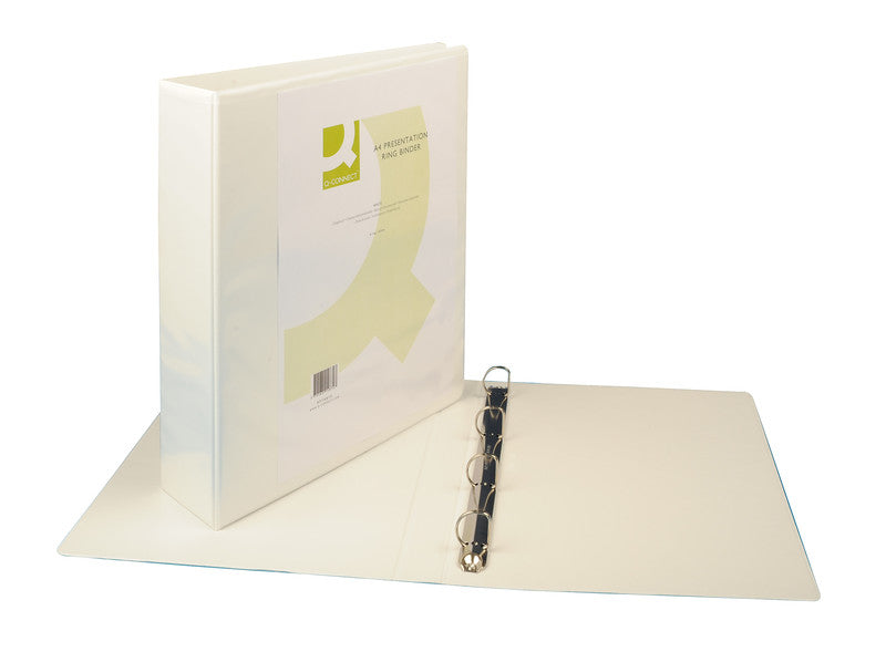 Q-connect Zeigebuch – A4 Hochformat – 4-Ring Bügelmechanik, Ø 60 mm, Rücken 86 mm – Weiss, mit Sichttasche