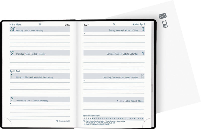 Biella Taschenagenda – 1 Woche/2 Seiten, gebunden, 7,6 × 11 cm, 2027, schwarz, FSC