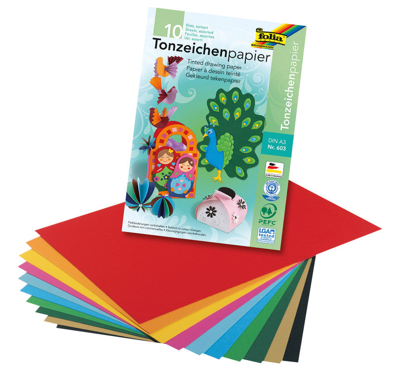 Folia Zeichenpapier A3, 130 g/m², 10 Blatt, mehrfarbig, strukturiert, geleimt, säurefrei, PEFC
