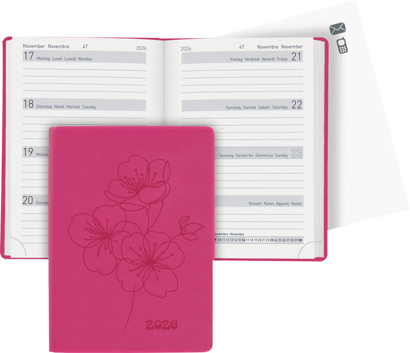 Biella Memento Ladytimer Agenda – 1 Woche/2 Seiten, Gebunden, 10,1 × 14,2 cm, 2026, Mehrsprachig, Rosa, FSC
