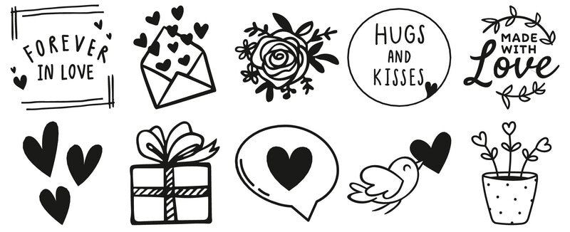 Trodat Love Messages Motivstempel-Set – selbstfärbend, 10 Textplatten 19 × 19 mm, 2 Kissen (pink/schwarz)