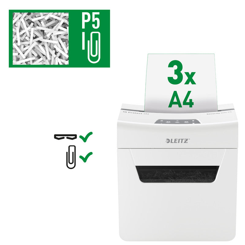 Leitz IQ 3M Protect Premium – Aktenvernichter, DIN P-5, Mikroschnitt 2 × 15 mm, 3 Blatt, 10 l, A4