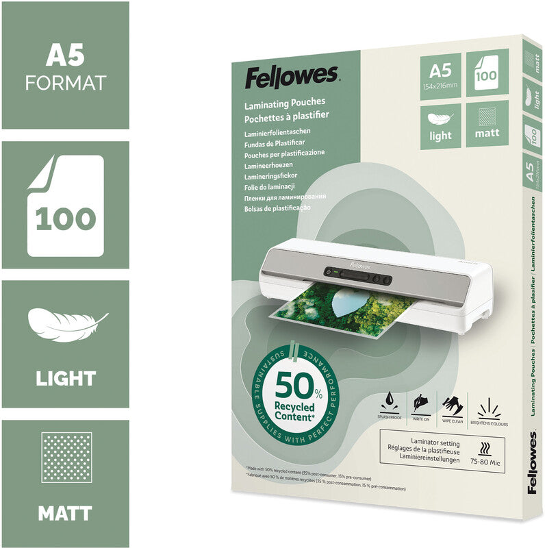 Fellowes Laminierfolien A5 – 80 µm, matt, 100 Stück