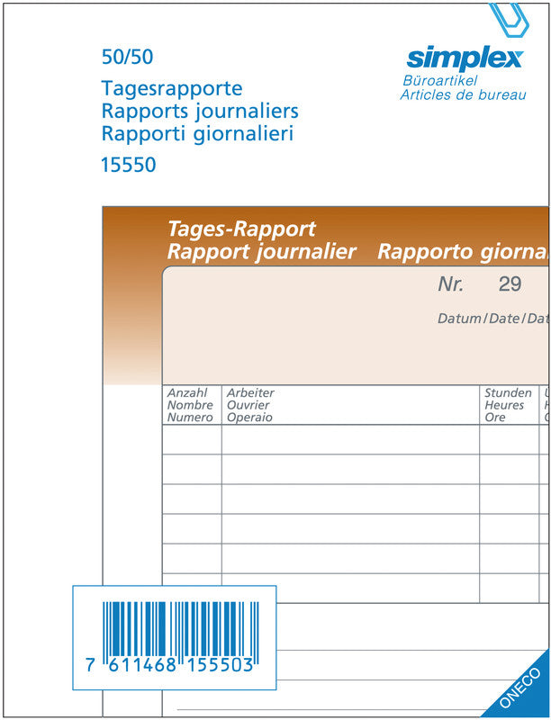 Simplex Formularblock – Tages-Rapporte, mehrsprachig, 50 Blatt, A6