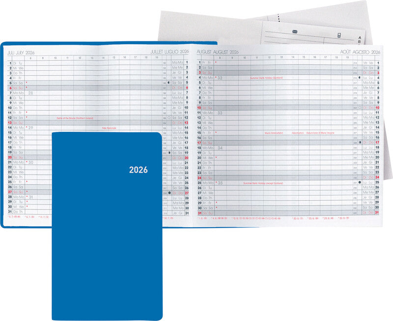 Biella Planer Berlin Agenda – 6 Monate/1 Seite, geheftet, 8,7 × 15,3 cm, Jan–Dez 2026, mehrsprachig, blau, FSC