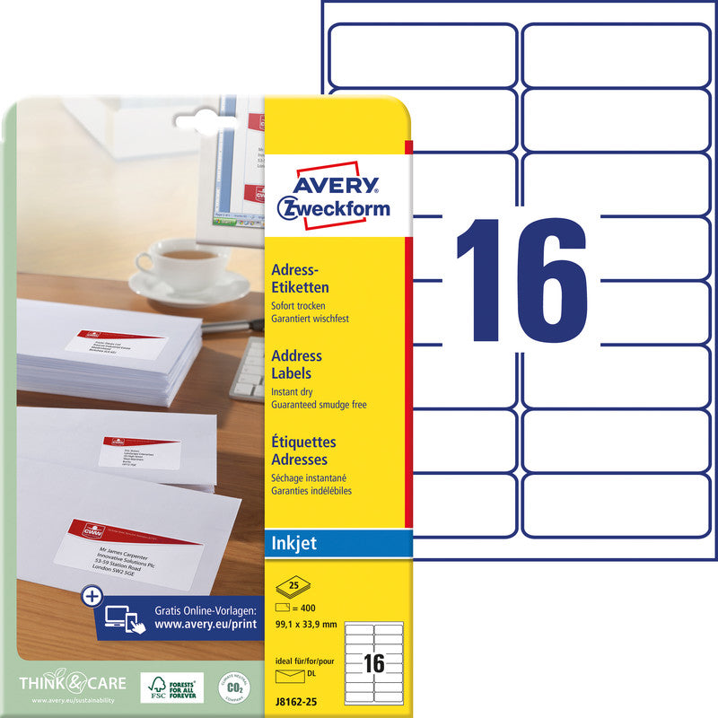 Avery Adress-Etiketten, 99 mm × 34 mm, weiss, Papier, permanent, 25 Blätter (400 Etiketten)