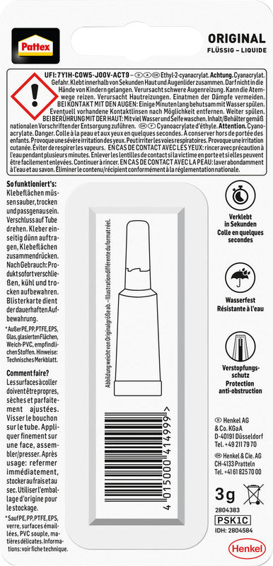 Pattex Sekundenkleber – Tube, permanent, transparent, schnelltrocknend, 3 g, für viele Materialien