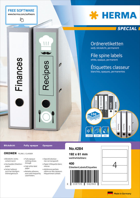 HERMA Druckeretiketten, 192 mm × 61 mm, weiss, Papier, permanent, 100 Blatt (400 Etiketten)