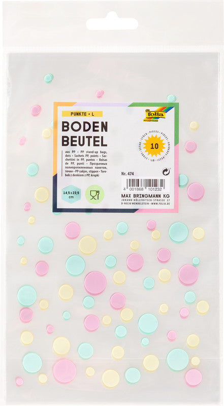 Folia Geschenktüten – Punkte – mit Kreuzboden, Kunststoff – 145 × 235 mm – 10 Stk.