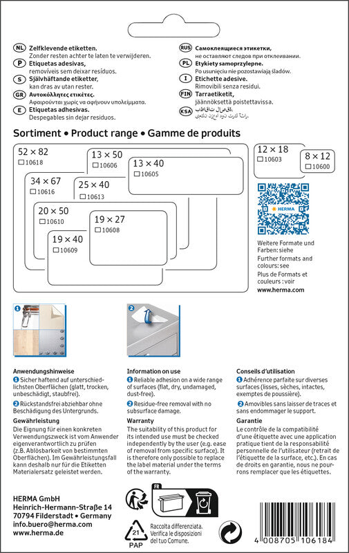 HERMA Schuletiketten – 52 × 82 mm, abgerundete Ecken, 96 Stk, 24 Bogen, Papier, ablösbar