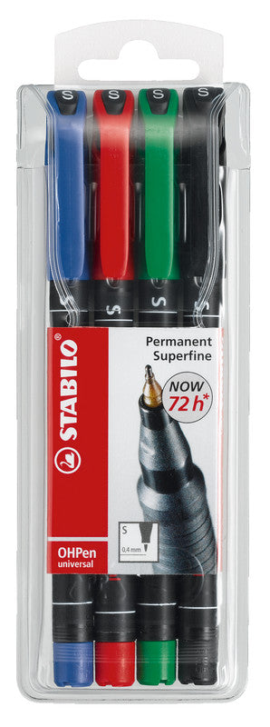 STABILO OHPen Permanent-Marker für Folien – sortiert (rot, blau, grün, schwarz), 4er