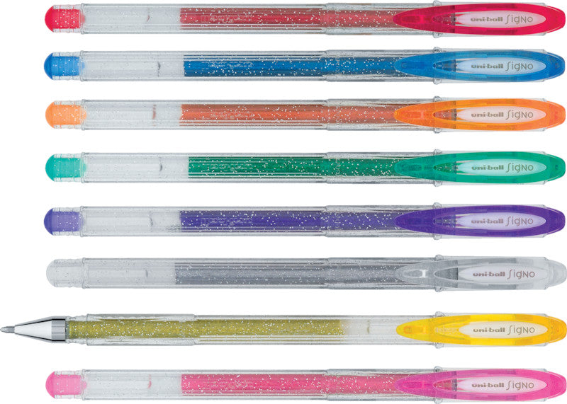 Uni-Ball Signo Sparkling – Tintenroller-Set, mit Kappe, 0,65 mm, farbig sortiert, für Linkshänder, 5er Etui