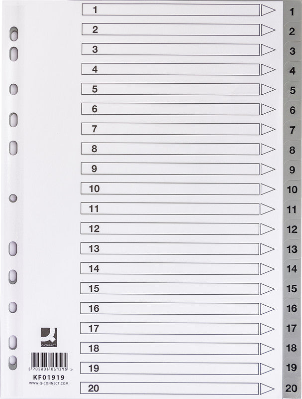 Q-connect Register – A4, 20-teilig, Kunststoff, grau, vorgedruckt, mit Indexblatt, 11-fach gelocht