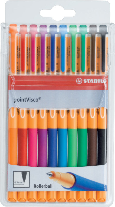 STABILO pointVisco Gelschreiber 10er Etui – 10 Farben, 0,5 mm, schnelltrocknend, Kappe