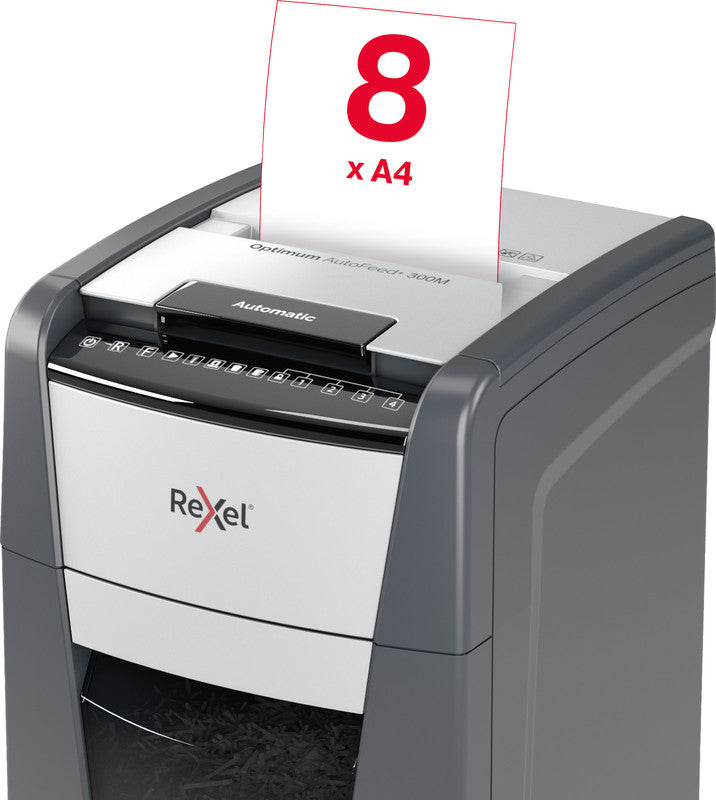 Rexel Optimum AutoFeed+ 300M – Aktenvernichter mit Autofeed 300 Blatt, DIN P-5, Mikroschnitt 2 × 15 mm, 60 l