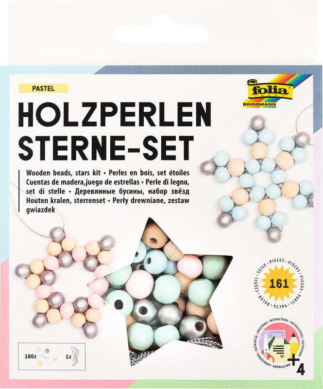 Folia Bastelset Holzperlen Sterne – 161 Holzperlen Ø 10/12 mm, 15 m Garn