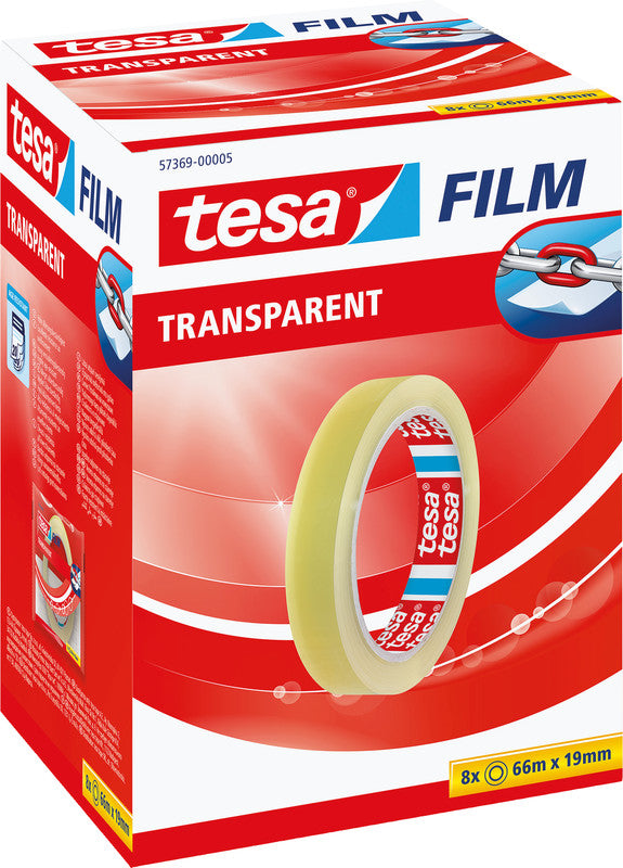 TESA Büro-Klebeband – permanent, klar, Kunststoff, 19 mm × 66 m, Kern Ø 76 mm