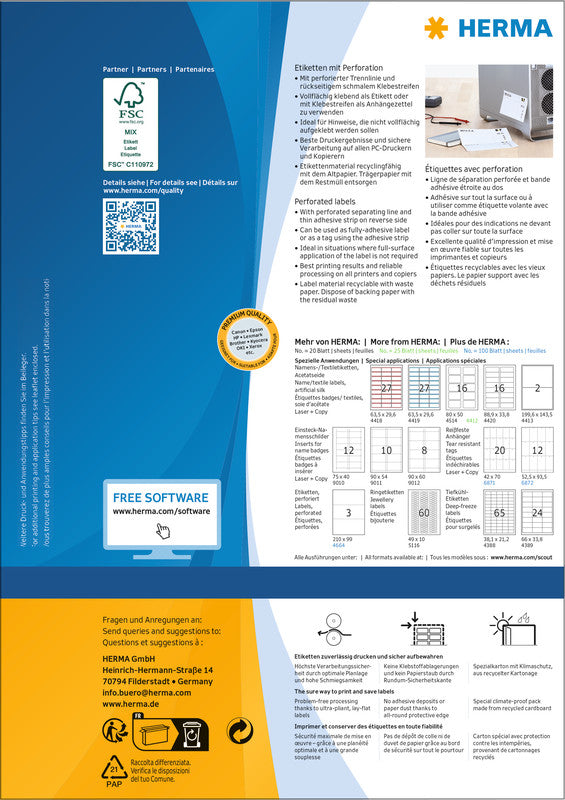 HERMA Drucketiketten, 210 mm × 99 mm, weiss, Papier, permanent, 300 Etiketten (100 Blatt)