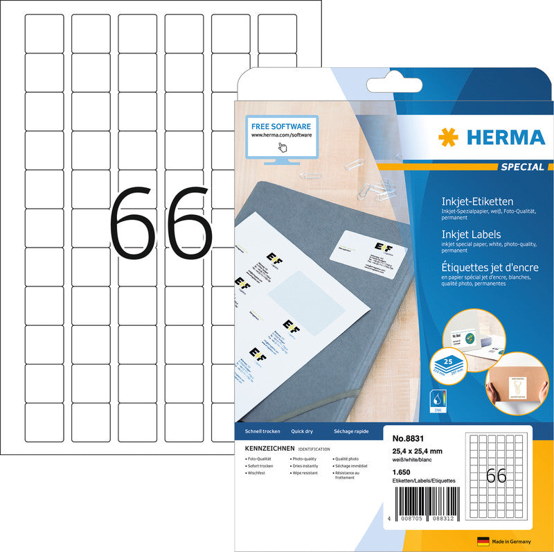 HERMA Druckeretiketten, 25 mm × 25 mm, weiss, Papier, permanent, 25 Blatt