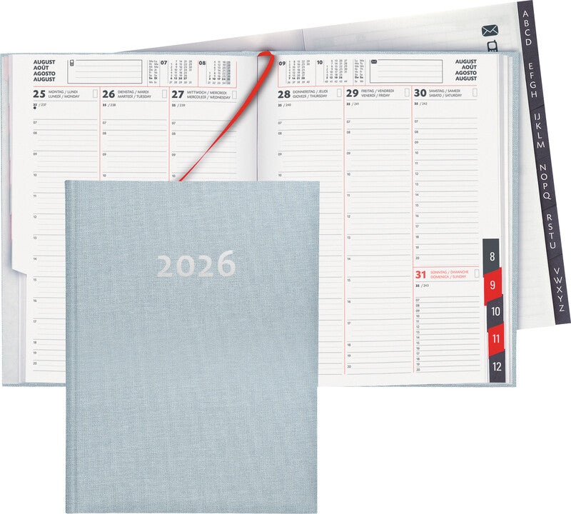 Biella Orario Agenda – 1 Woche/2 Seiten, gebunden, 17,5 × 23,5 cm, 2026, mehrsprachig, hellblau, FSC