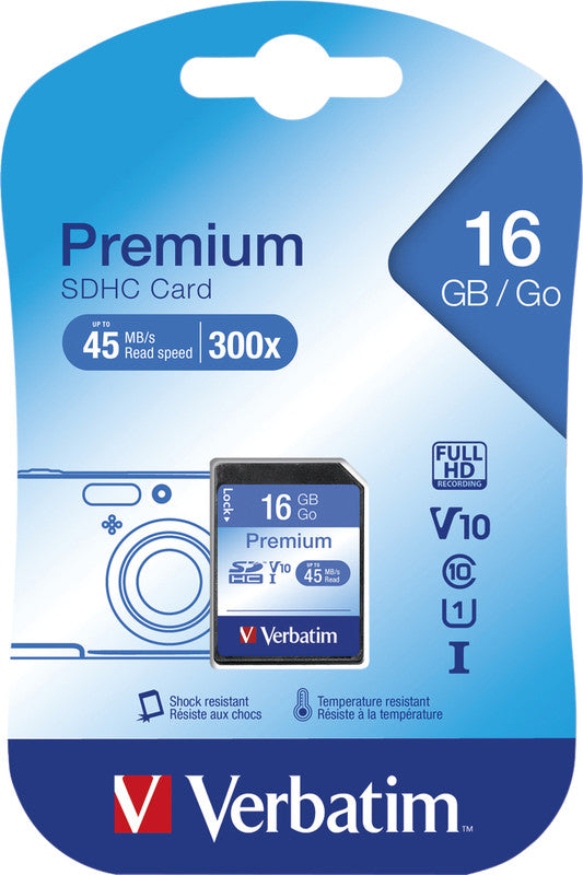 Verbatim SDHC Class 10 Premium Speichergerät – 16 GB, Class 10, Lesen bis 45 MB/s, Schreiben 10 MB/s