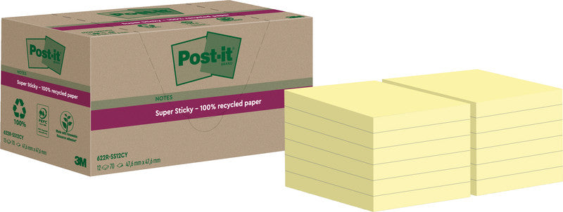 Post-it Haftnotizen Super Sticky – 47,6×47,6 mm – Gelb, 12×70 Blatt, PEFC