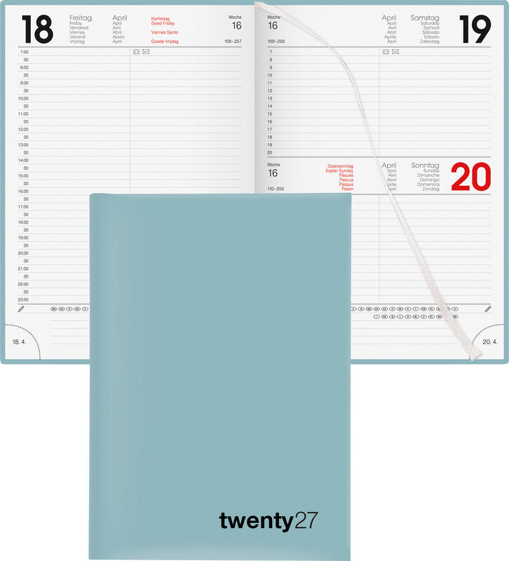 Biella Bunte Agenda – 1 Tag pro Seite, gebunden, 14,5 × 20,5 cm, 2027, 1/2-Stunden-Takt, Salbeigrün, FSC
