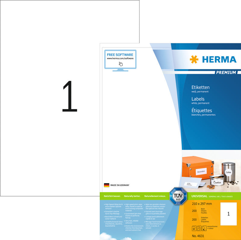 HERMA Etiketten, 210 mm × 297 mm, weiss, Papier, permanent, 200 Blatt