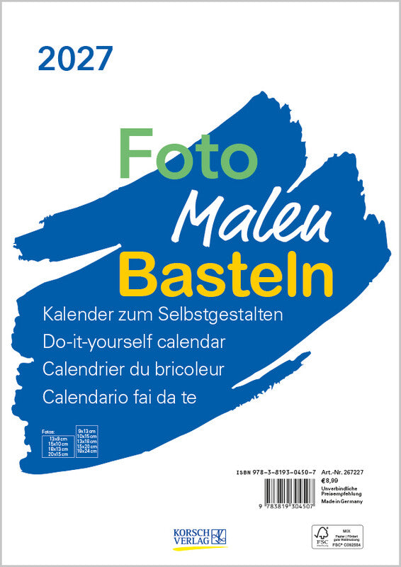 Korsch Bastelkalender Foto Malen Basteln 2027 – 21 × 29,7 cm – mit Tagesfeldern, mit Aufhänger