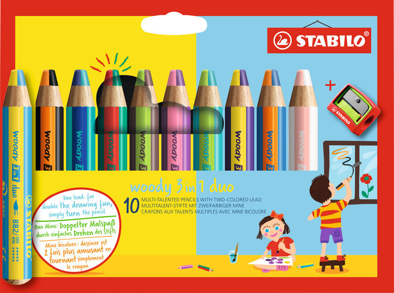 STABILO 3-in-1 Farbstifte woody – 10 Duo-Farben, mit Spitzer, Ø 4,2 mm, PEFC