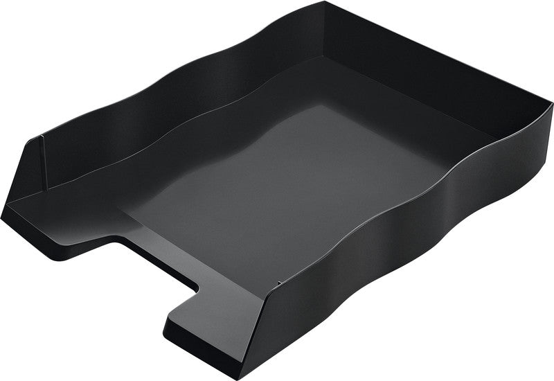 Styro Briefkorb – mit Griffausschnitt, mit Beschriftungsfeld, glänzend, schwarz, B 255 × H 62 × T 355 mm