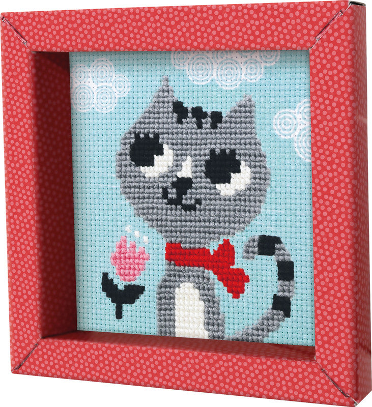 Avenue Mandarine – Kreuzstich Bastelset Katze – 6–10 Jahre – 5 Nähgarne – 140 × 140 × 20 mm