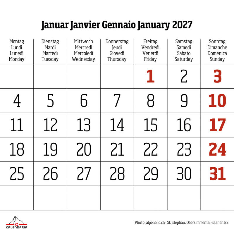 Calendaria Mini Swiss – Bildkalender Schweiz 2027 – 12,5 × 12,5 cm – Kalendarium d/f/i/e