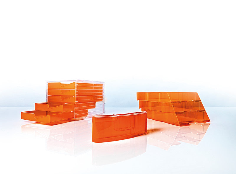 Styro Briefkorb – mit Griffausschnitt, mit Beschriftungsfeld, glänzend, orange, B 255 × H 62 × T 360 mm