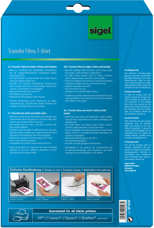 Sigel Transferpapier – für Inkjetdrucker, für helle Textilien, A4, waschbar bis 40 °C, 3 Blatt