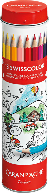 Caran d-Ache Caran d'Ache Swisscolor Aquarellfarbstifte-Set – 18 Farben, Mine Ø 2,8 mm, Metallschachtel, inkl. Poster