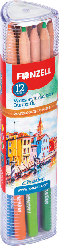 Fonzell Creative Aquarellfarbstifte-Set – 12 Farben, rund, Mine Ø 3,3 mm, mit Pinsel, Dreiecksetui