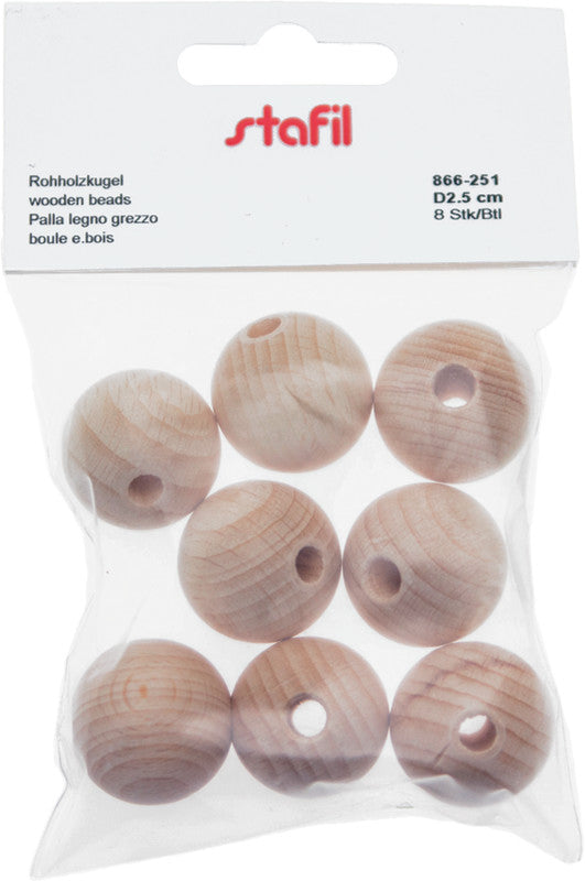 Stafil Holzperlen durchgebohrt – Ø 25 mm, Loch-Ø 6 mm, Natur, 8 Stk.