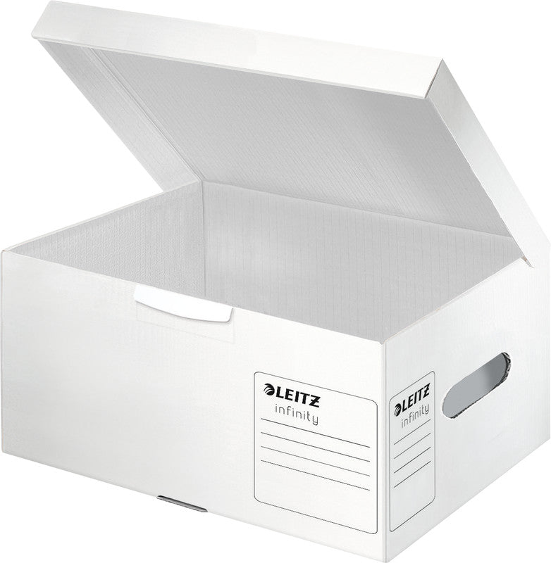 Leitz Infinity Archivschachtel – für A4, B 355 × H 190 × T 255 mm, mit Deckel, weiss, Karton