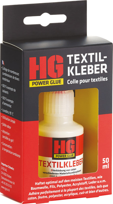 Hg power glue Textilkleber – 50 ml – lösungsmittelfrei, permanent – für Textilien, Leder, Holz