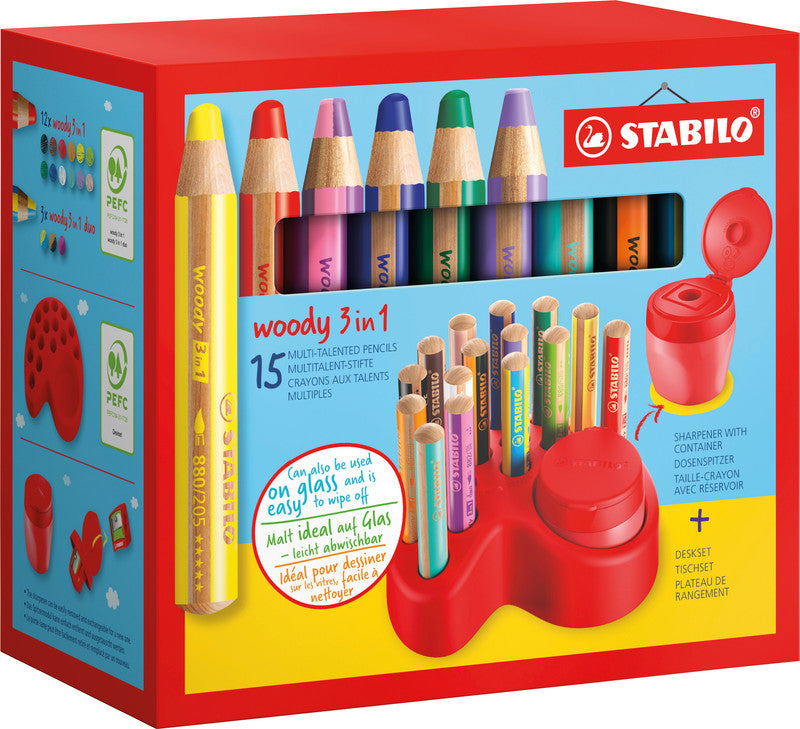 STABILO 3-in-1 Farbstifte woody – 15 Farben, mit Spitzer, Ø 4,2 mm, PEFC